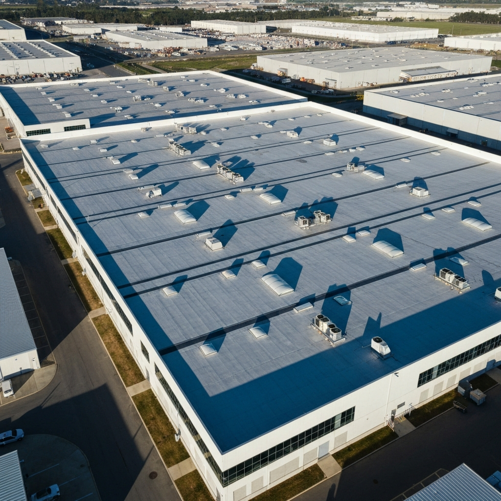 Drone flying over a large complex commercial roof