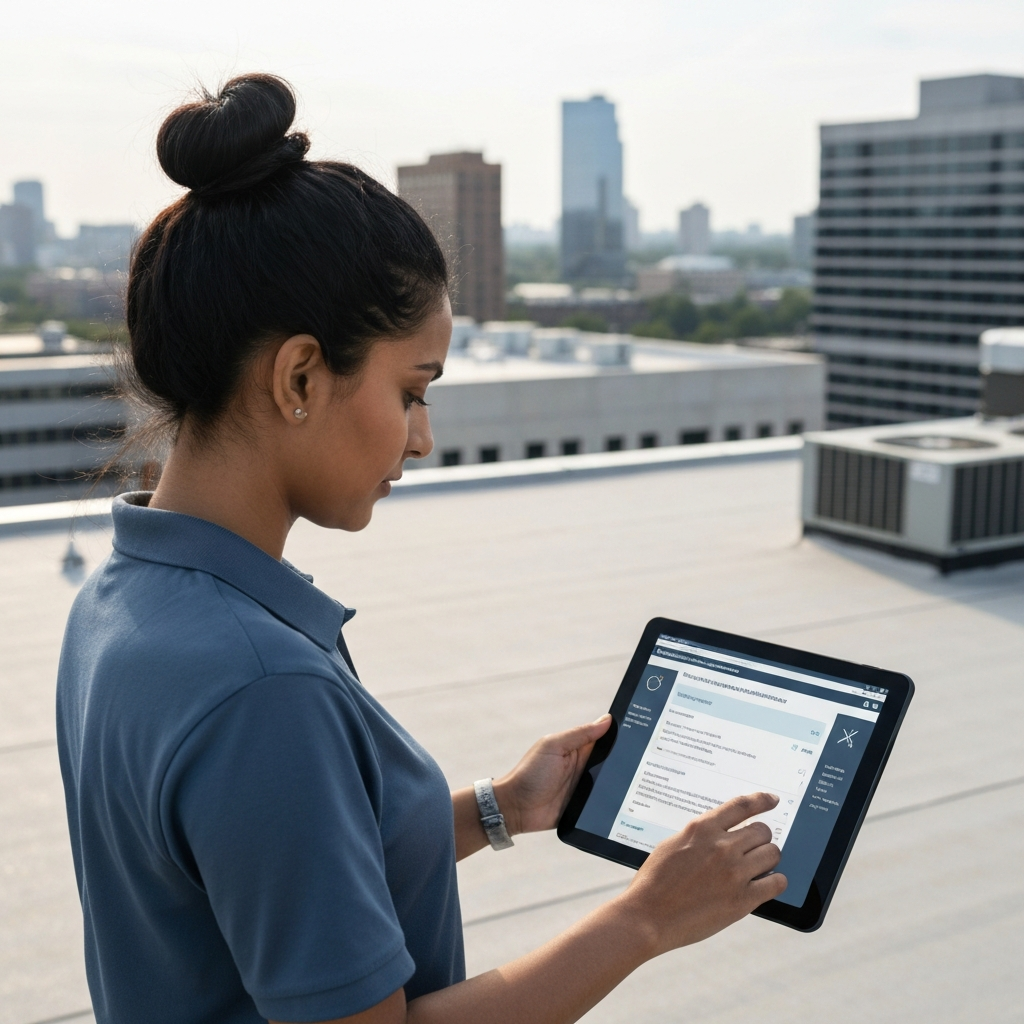 Maintenance engineer reviewing predictive maintenance schedule on tablet