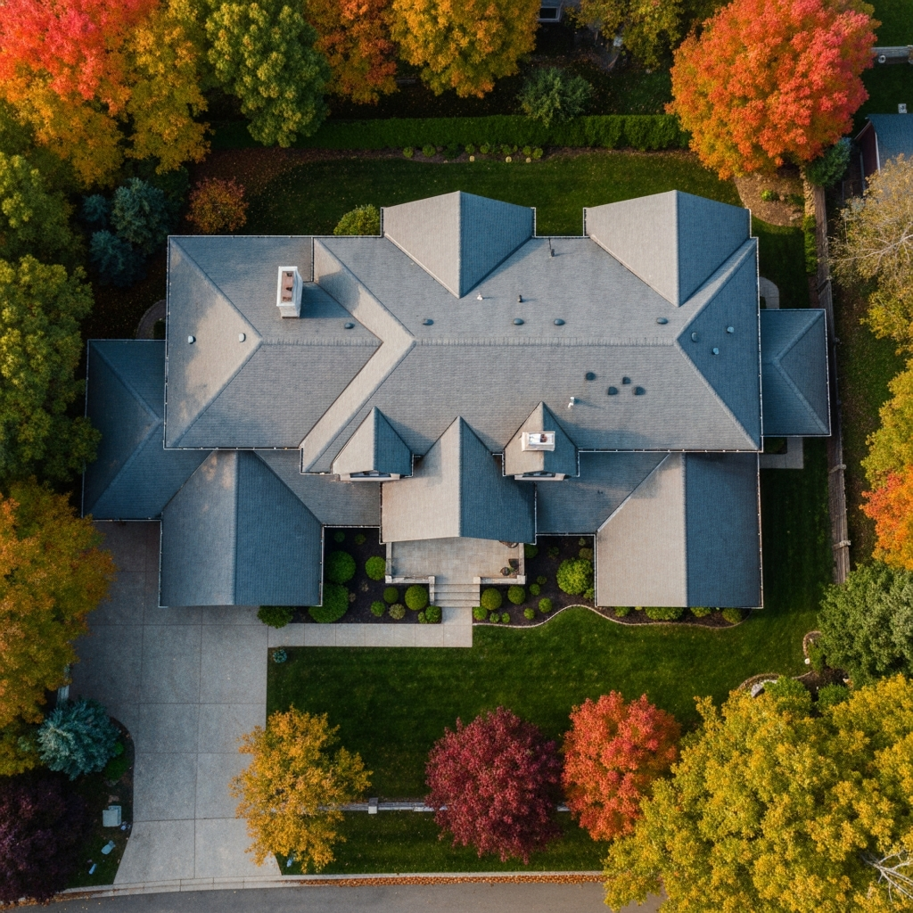 Aerial drone view showing detailed roof condition assessment